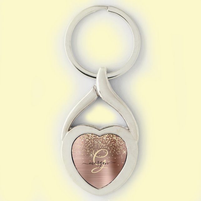 Guld Glitter, Guld Monogram, svart Namn Twisted Heart Silverfärgad Nyckelring (Skapare uppladdad)