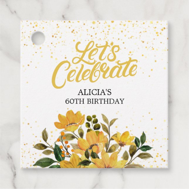 Guld Glitter Gult Blommigt Birthday Gåvor Etiketter (Framsida)