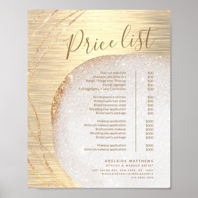 Guld Glitter Hair Stylist Salon Pris List-meny Poster (Framsidan)
