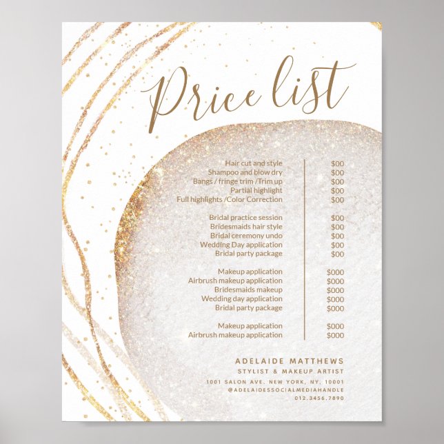 Guld Glitter Hair Stylist Salon Pris List-meny Poster (Framsidan)