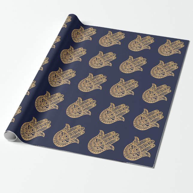 Guld Glitter Hamsa Lucky Hand Mystical navy blue Presentpapper (Utrullad)
