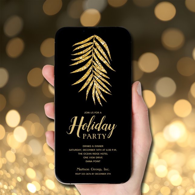 Guld Glitter Handflatan om den svarta julen i Helg Inbjudningar (Gold faux glitter palm on black Christmas holiday invitations - INSTANT DOWNLOAD and/or PRINTED)
