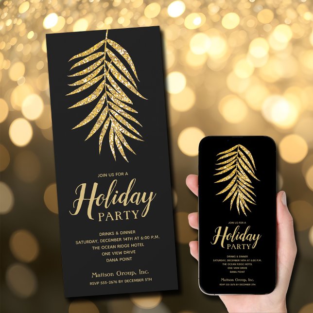 Guld Glitter Handflatan om den svarta julen i Part Inbjudningar (Gold Glitter Palm on Black Christmas Party Invitations - INSTANT DOWNLOAD and/or PRINTED)