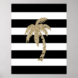 Guld Glitter Handflatan Träd, Svarta/vita Rand Pos Poster