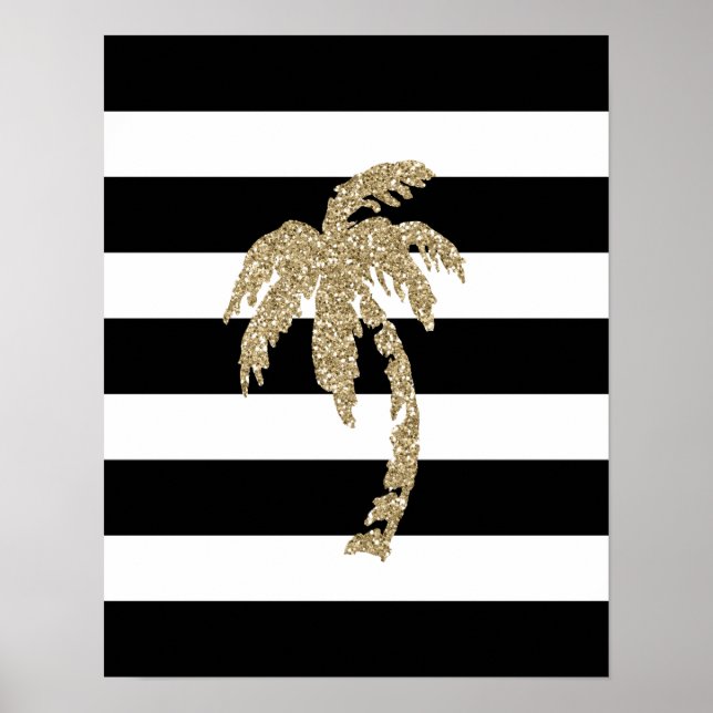 Guld Glitter Handflatan Träd, Svarta/vita Rand Pos Poster (Framsidan)