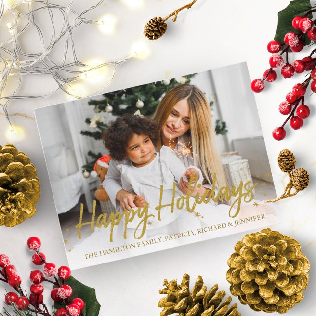 Guld Glitter Handskriven Foto God Jul Vykort (Skapare uppladdad)