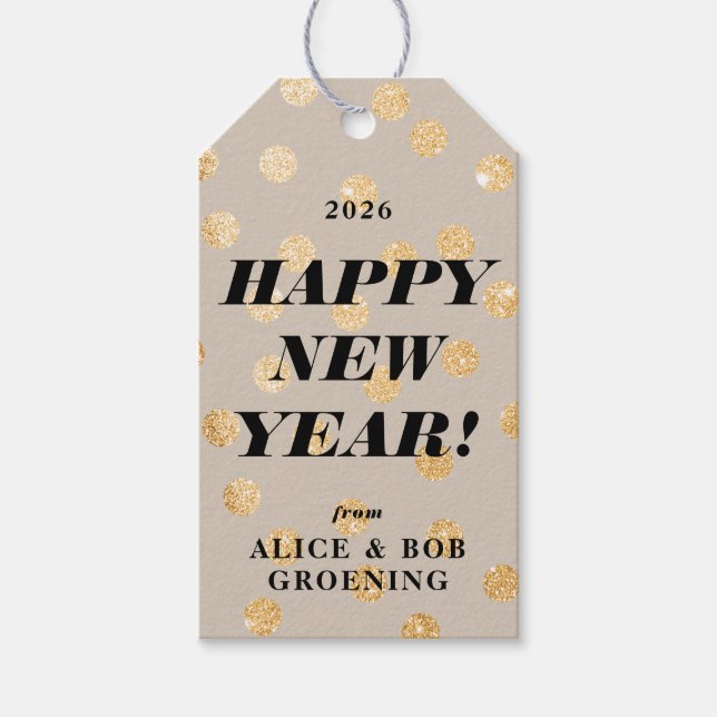 Guld Glitter har moderna anpassade Gott nytt år Presentetikett (Framsidan)