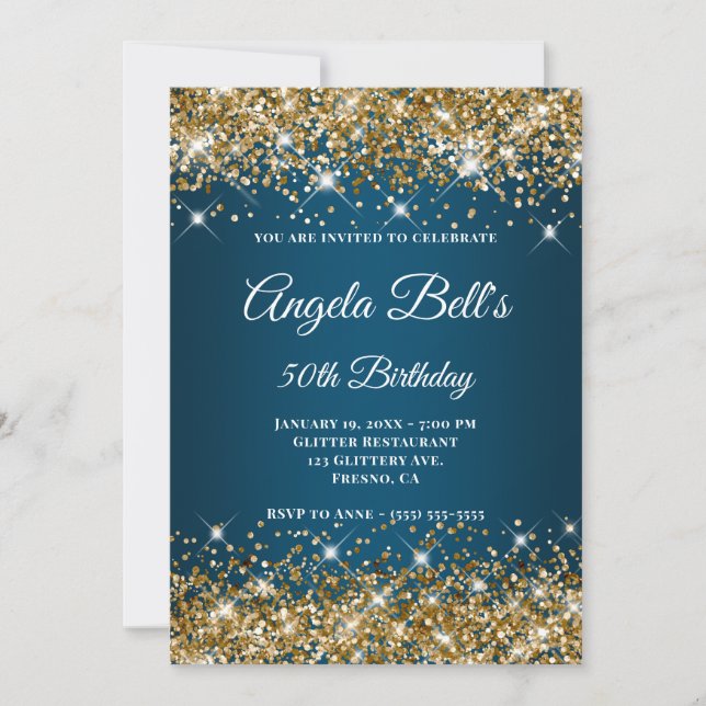 Guld Glitter Havsblå Ombre Elegant Monogram Inbjudningar (Framsida)