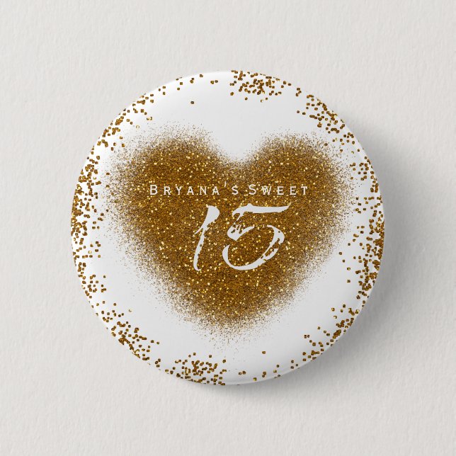 Guld Glitter Heart 15 Quinceincera Birthday Pin Knapp (Framsida)