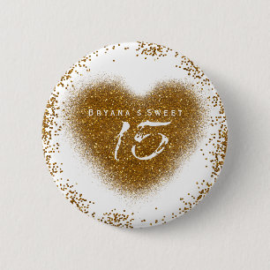 Guld Glitter Heart 15 Quinceincera Birthday Pin Knapp