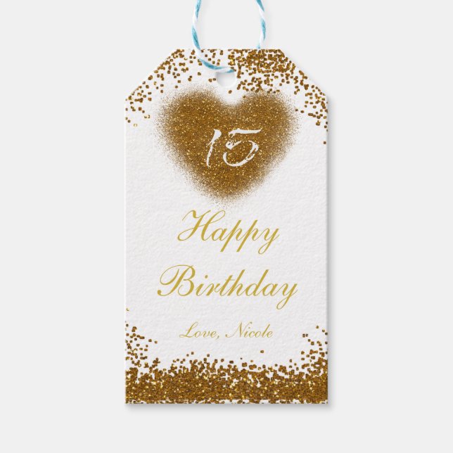 Guld Glitter Heart 15 Quinceincera Gift Märkre Presentetikett (Framsidan)