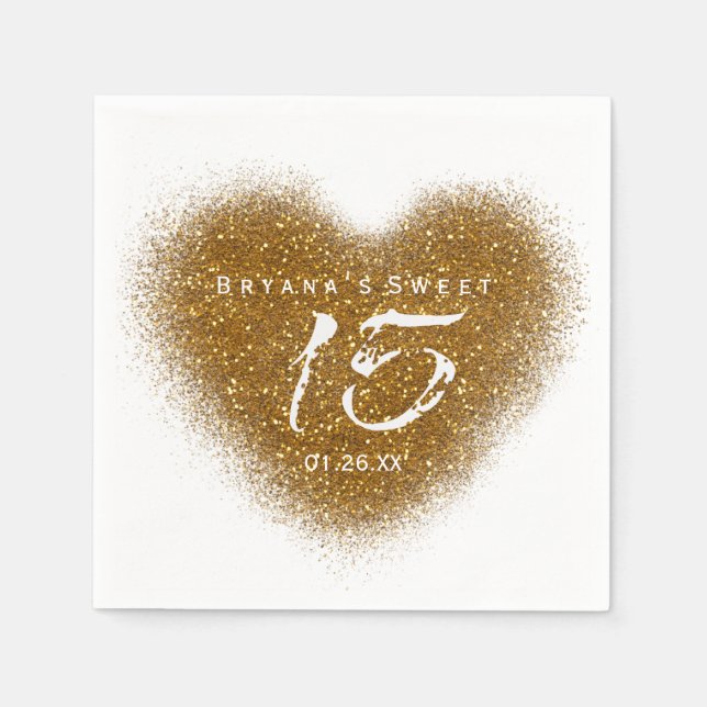 Guld Glitter Heart 15 Quinceincera Party Napkins Pappersservett (Framsidan)