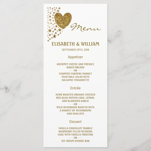 Guld Glitter Heart and Stars Bröllop Menu Meny (Framsida)