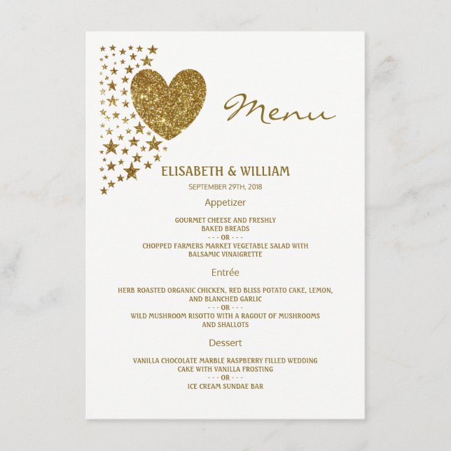 Guld Glitter Heart and Stars Bröllop Menu Meny (Framsida)