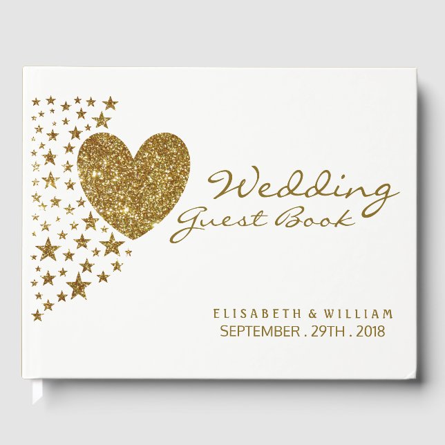 Guld Glitter Heart och Stars Bröllop Gästböcker (Framsida)