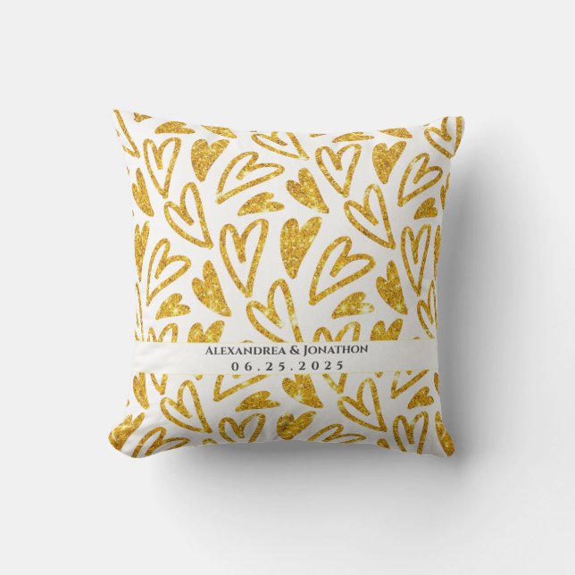 Guld Glitter Heart Personlig Bröllop Kudde (Framsida)
