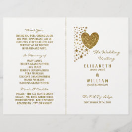 Guld Glitter Heart & Stars Bröllop Bi-fold Program