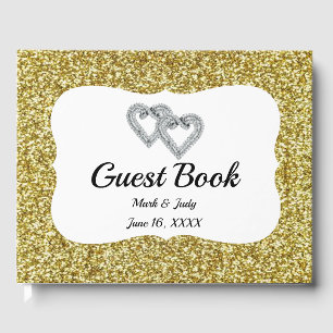 Guld Glitter Hearts Bröllop Guestbook Gästböcker