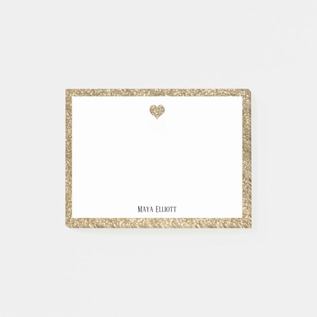 Guld Glitter Hjärt & Kant med Vitt Post-it Block (Framsida)