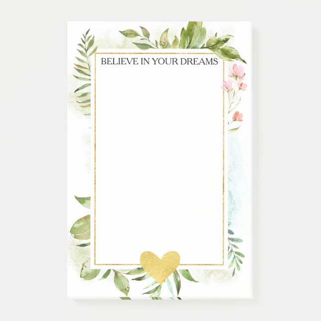 Guld Glitter Hjärtformad Blommig och blad Post-it Block (Framsida)