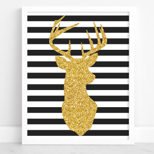 Guld Glitter Hjort Svarta & Vita Ränder Poster