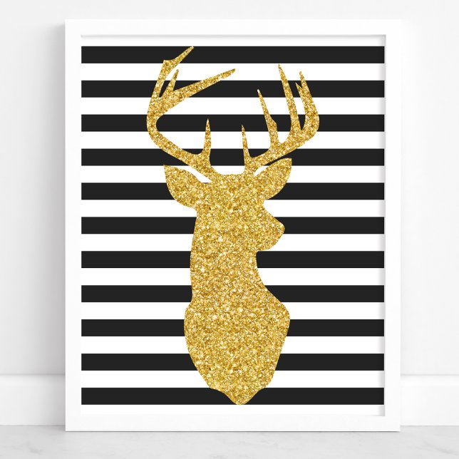Guld Glitter Hjort Svarta & Vita Ränder Poster (Skapare uppladdad)