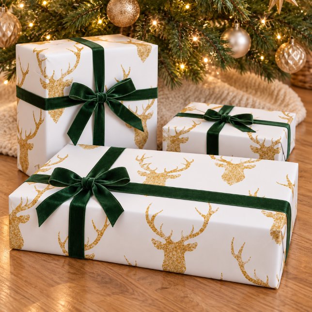 Guld Glitter Hjorthuvud Siluett Presentpapper (Wrap holiday presents in style with this wrapping paper featuring a repeating faux gold glitter deer)