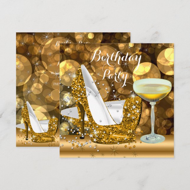 Guld Glitter Höga Klackar Champagne Födelsedagsfes Inbjudningar (Fram/baksida)