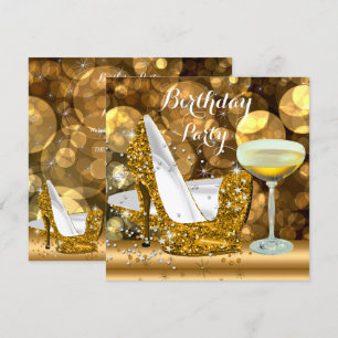 Guld Glitter Höga Klackar Champagne Födelsedagsfes Inbjudningar