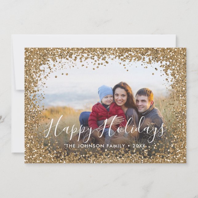 Guld Glitter Holiday Script Fotolampa Julkort (Framsida)