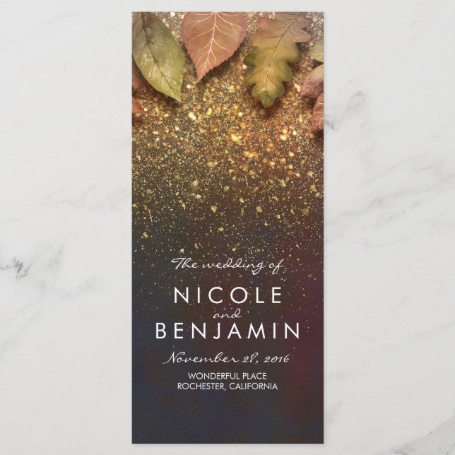 Guld Glitter Höst löv Vintage bröllop Program (Framsida)