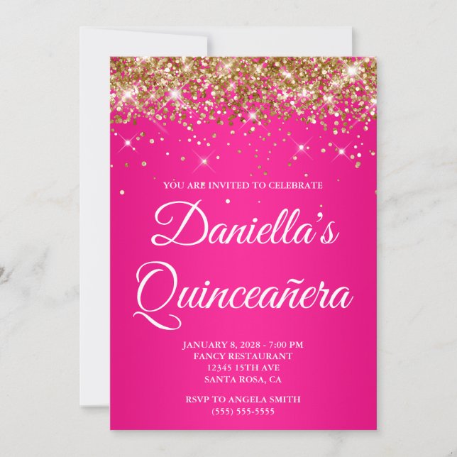 Guld Glitter Hot Pink Ombre Quinceañera Inbjudningar (Framsida)