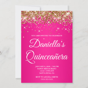 Guld Glitter Hot Pink Ombre Quinceañera Inbjudningar