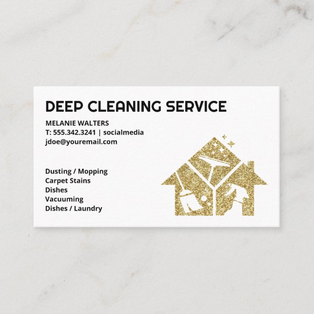 Guld Glitter House Keeping Logotyp | Maid Service Visitkort (Framsida)