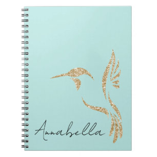 Guld Glitter Hummingbird och eget namn på Teal Anteckningsbok