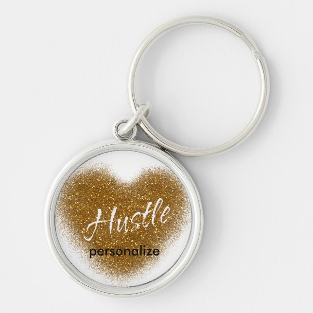 Guld Glitter HUSTLE Heart - inspirationell nyckelk Rund Silverfärgad Nyckelring (Framsidan)