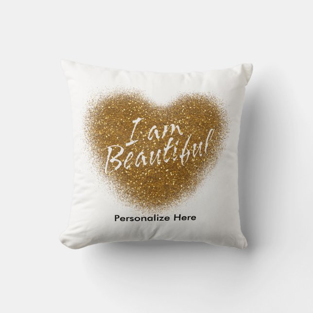 Guld Glitter I ÄR BEAUTIFUL Heart Dekorativ kudde (Framsida)