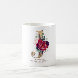 Guld Glitter J Monogram Blommigt Burgundy Red Kaffemugg