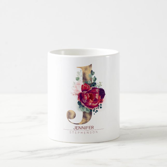 Guld Glitter J Monogram Blommigt Burgundy Red Kaffemugg (Center)