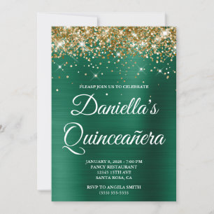 Guld Glitter Jägare Grön Folie Quinceañera Inbjudningar