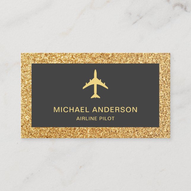 Guld Glitter Jet Flygplan Flygbolag Pilot Visitkort (Framsida)