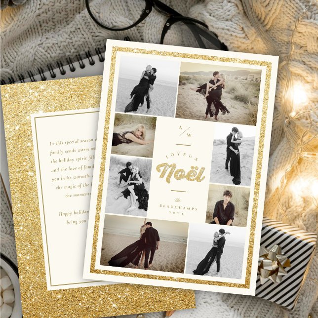 Guld Glitter Joyeux Noel jul 8 Fotokollage Julkort (Skapare uppladdad)