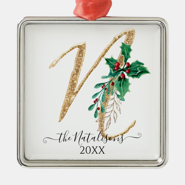 Guld Glitter jul Holly Foliage Monogram N Julgransprydnad Metall (Framsidan)