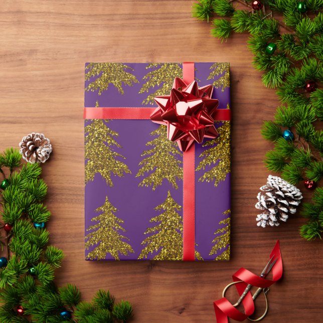 Guld glitter Julgran om lila Presentpapper (Julgåva)