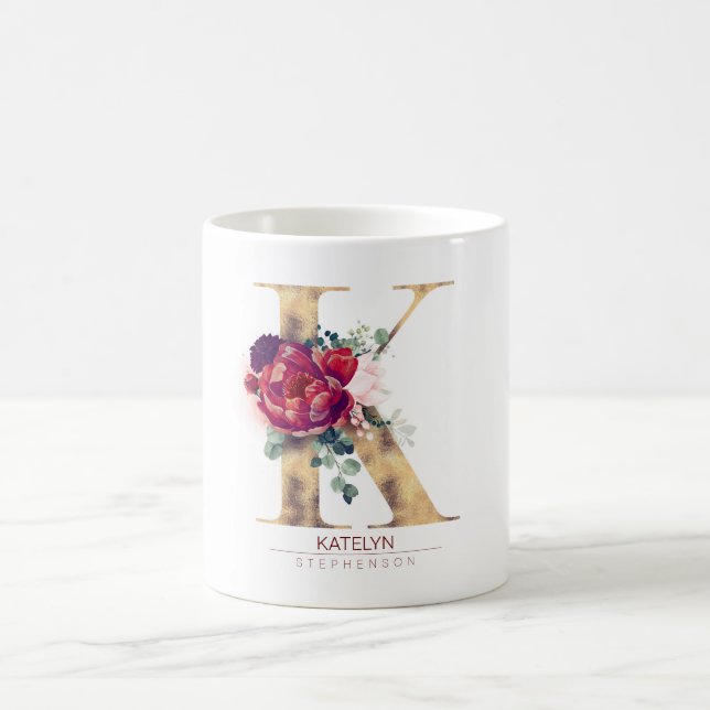Guld Glitter K Monogram Blommigt Burgundy Red Kaffemugg (Center)