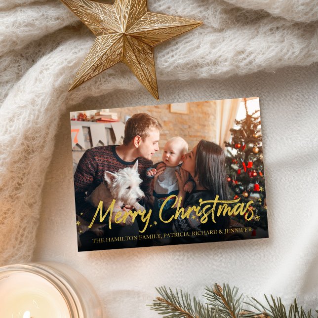 Guld Glitter Kalligrafi Foto God Jul Vykort (Skapare uppladdad)