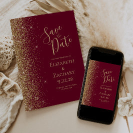 Guld Glitter Kant Burgunder Röd Save the Date Meddelande