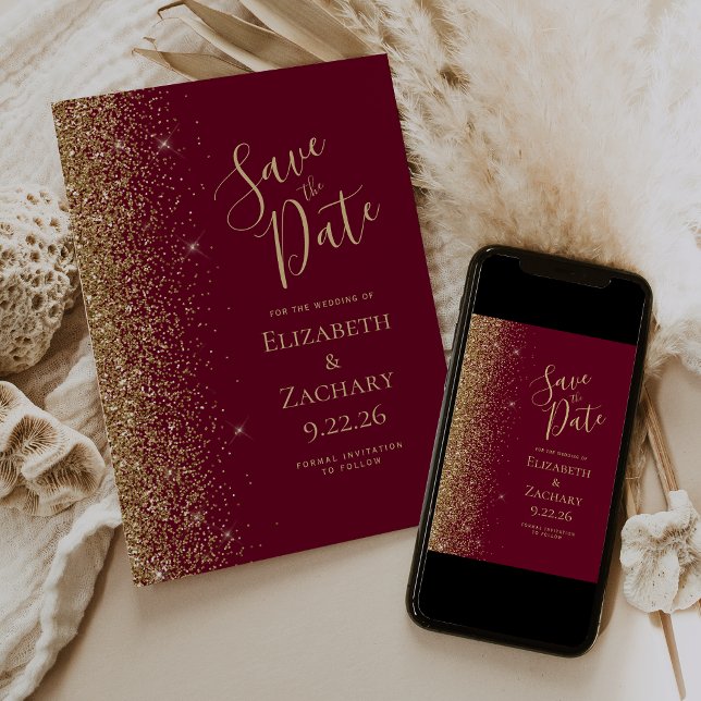 Guld Glitter Kant Burgunder Röd Save the Date Meddelande (Skapare uppladdad)