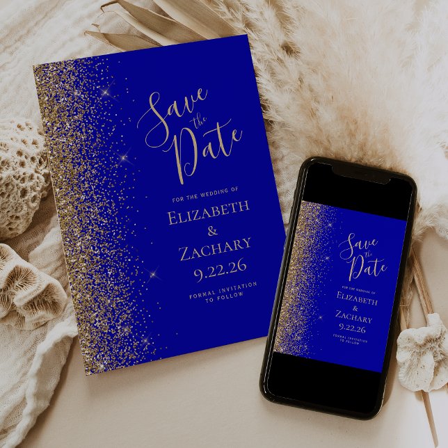 Guld Glitter Kant Royal Blå Spara Datum Meddelande (Skapare uppladdad)