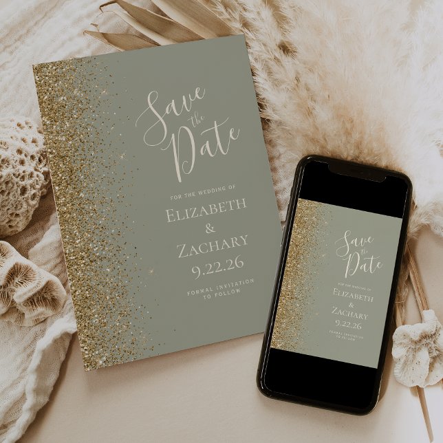 Guld Glitter Kant Sagegrön Spara Datum Meddelande (Skapare uppladdad)